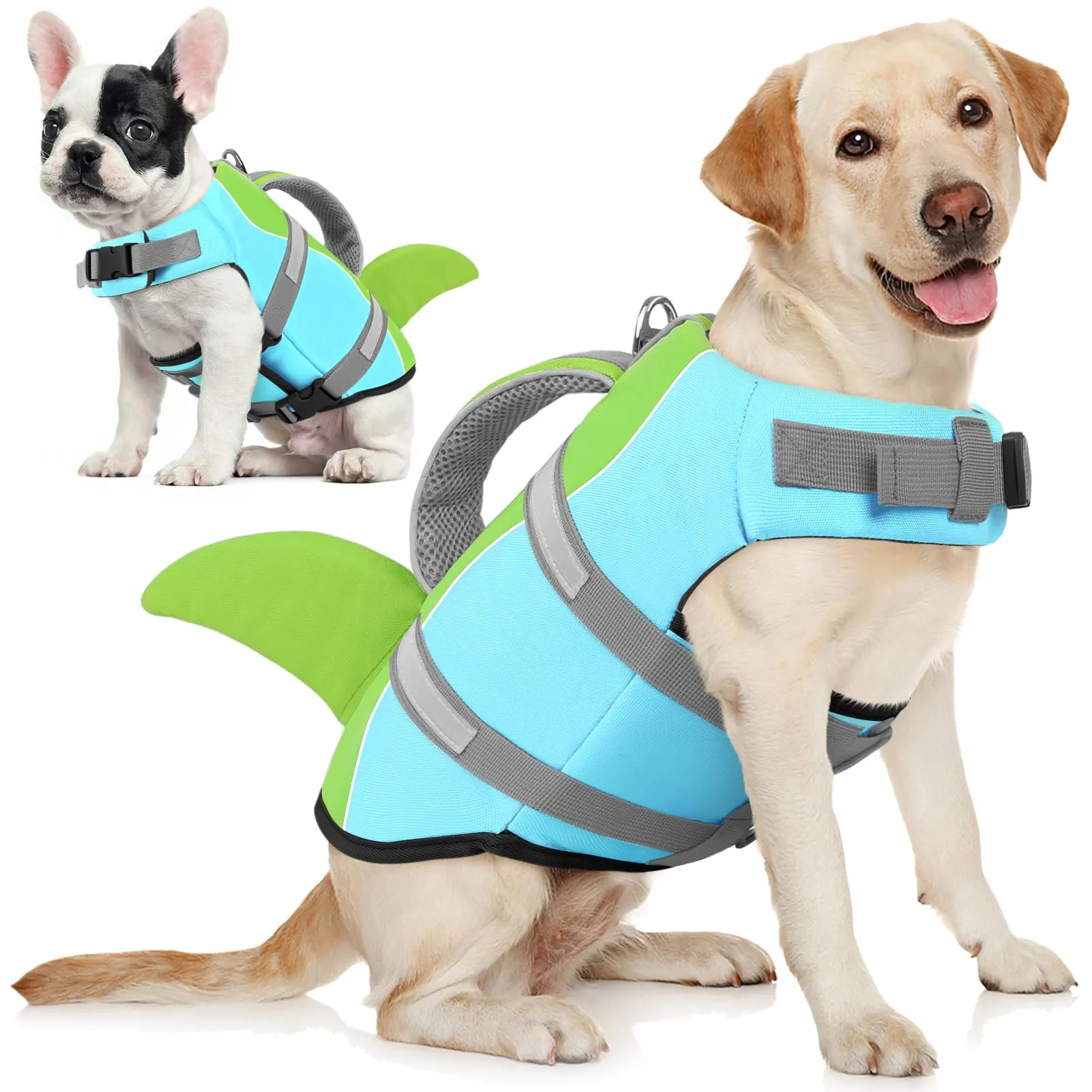 AOFITEE Giubbotto di Salvataggio per Cani con Pinna di Squalo e Impugnatura di Soccorso, Blu e Verde, Taglia L - immagine 1