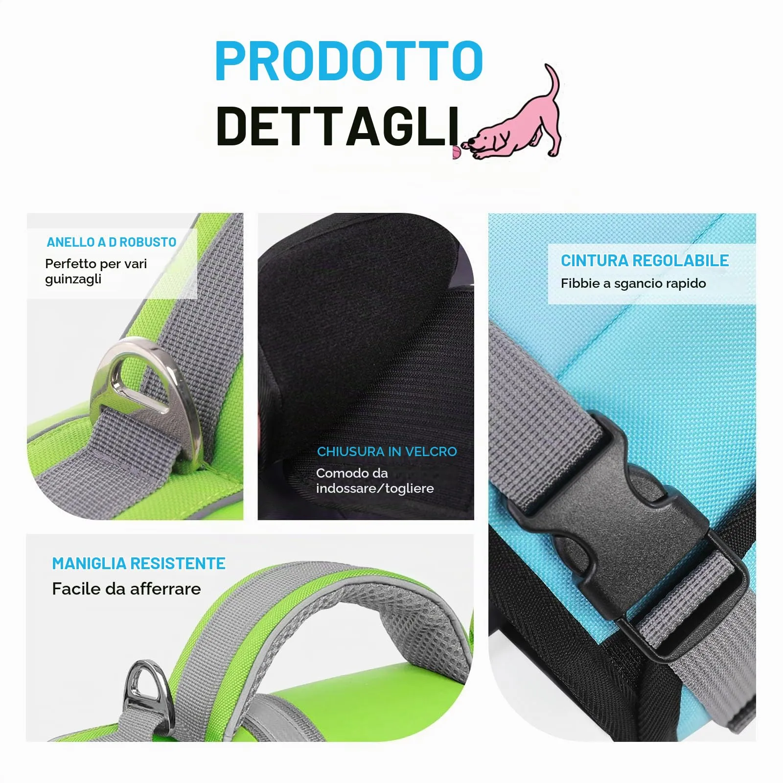 AOFITEE Giubbotto di Salvataggio per Cani con Pinna di Squalo e Impugnatura di Soccorso, Blu e Verde, Taglia L - immagine 3