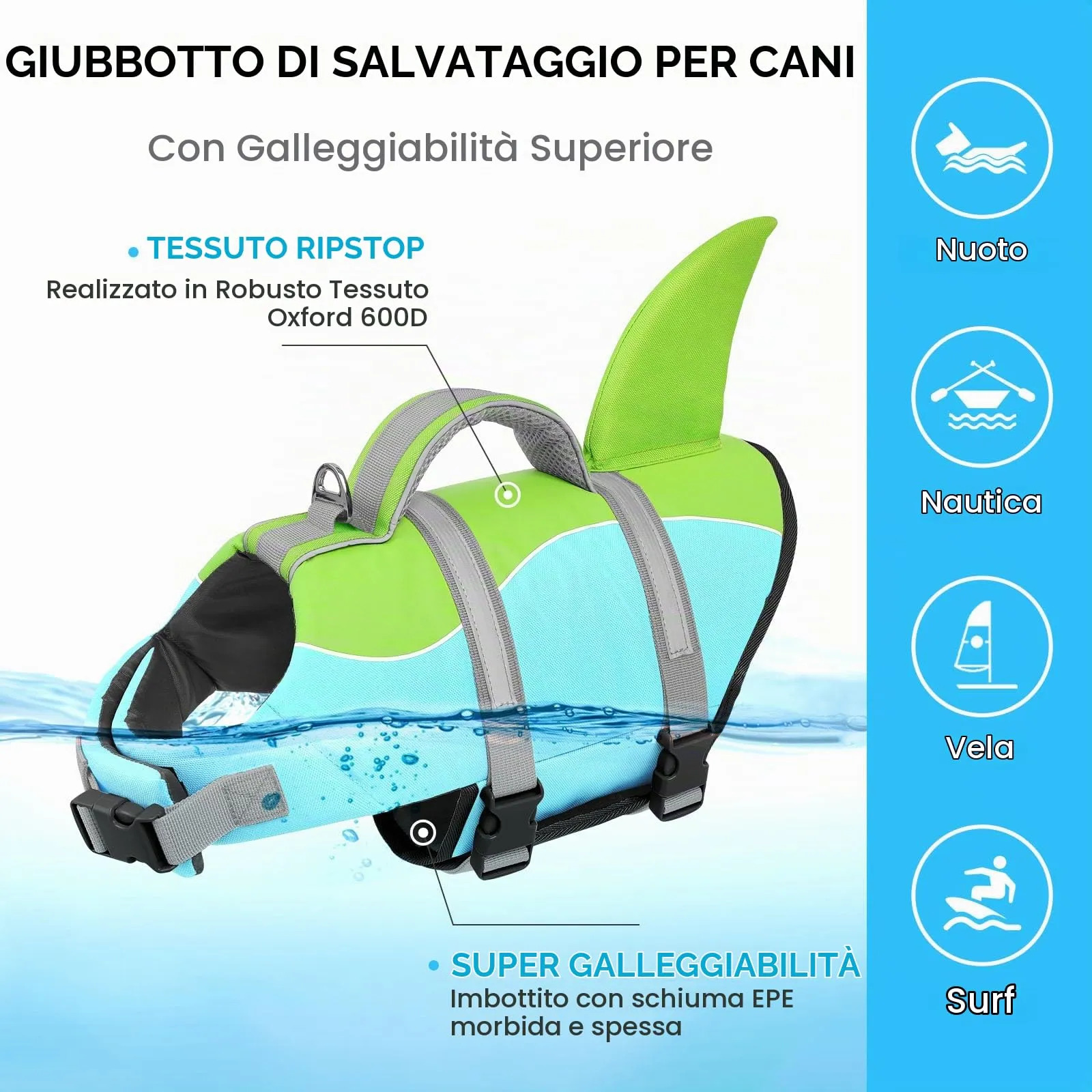 AOFITEE Giubbotto di Salvataggio per Cani con Pinna di Squalo e Impugnatura di Soccorso, Blu e Verde, Taglia L - immagine 6