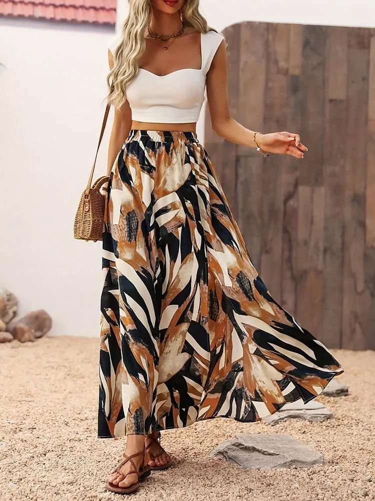 ABINGOO Gonna Lunga Donna Estiva Boho A Line Vita Alta con Spacco - immagine 2