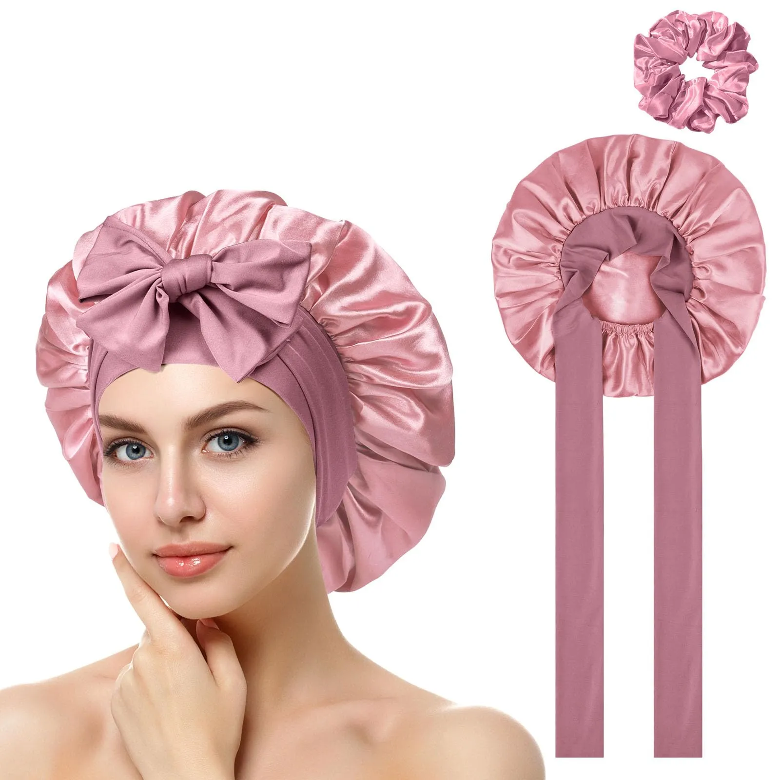 ACWOO Cuffia in Seta per Capelli Ricci, 3 Pezzi, Berretto da Notte in Raso con Nastri Regolabili - immagine 1
