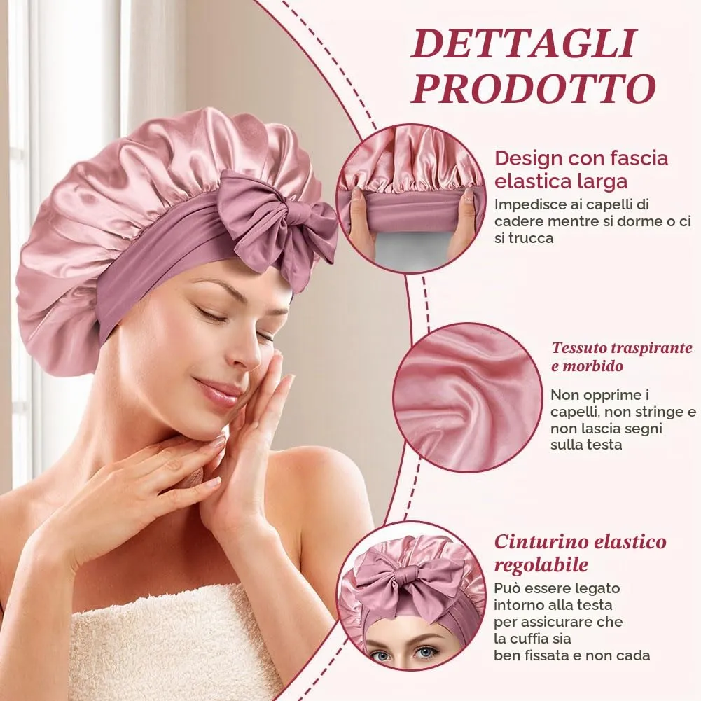 ACWOO Cuffia in Seta per Capelli Ricci, 3 Pezzi, Berretto da Notte in Raso con Nastri Regolabili - immagine 3