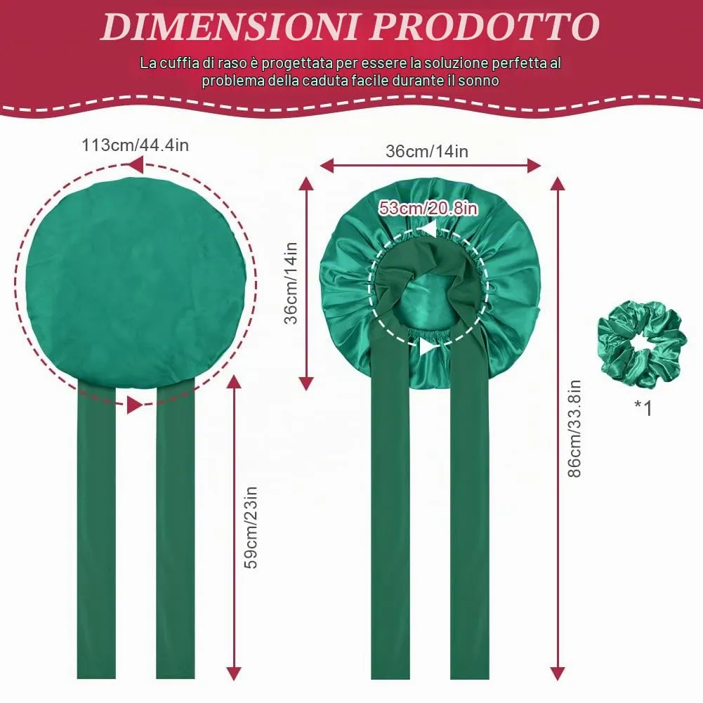 ACWOO Cuffia in Seta per Capelli Notte, Berretto in Raso Elastico con Nastri Regolabili, Verde Profondo - immagine 2