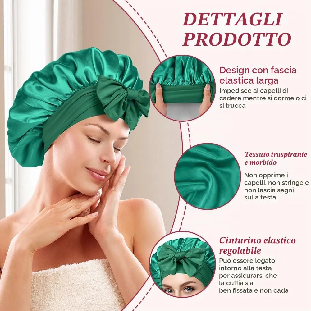 ACWOO Cuffia in Seta per Capelli Notte, Berretto in Raso Elastico con Nastri Regolabili, Verde Profondo - immagine 3