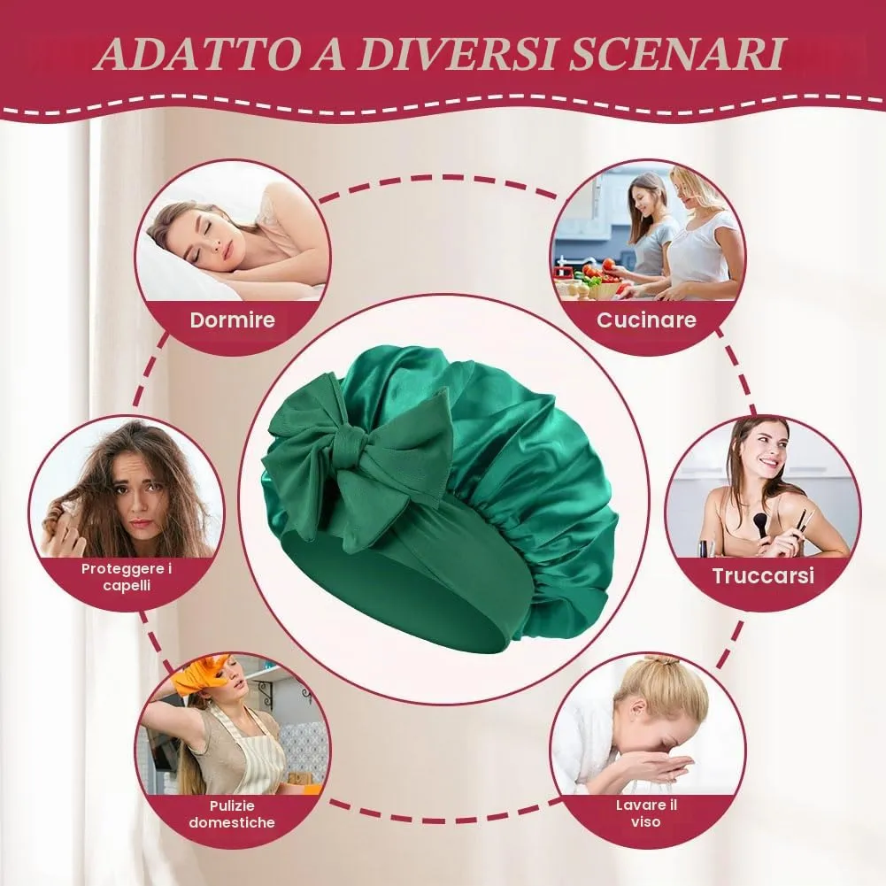 ACWOO Cuffia in Seta per Capelli Notte, Berretto in Raso Elastico con Nastri Regolabili, Verde Profondo - immagine 6