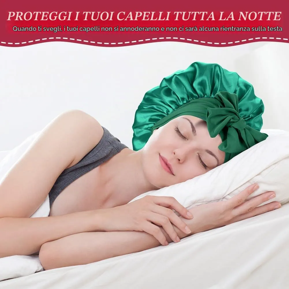 ACWOO Cuffia in Seta per Capelli Notte, Berretto in Raso Elastico con Nastri Regolabili, Verde Profondo - immagine 7