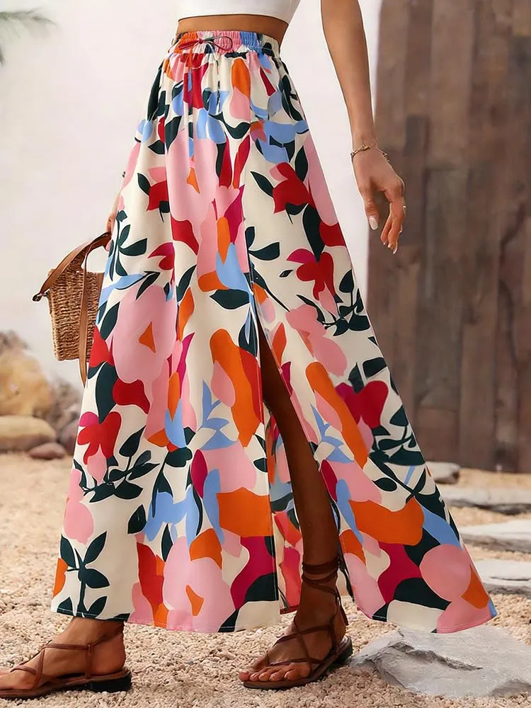 ABINGOO Gonna Lunga Donna Estiva Boho A Line Vita Alta con Spacco - immagine 3