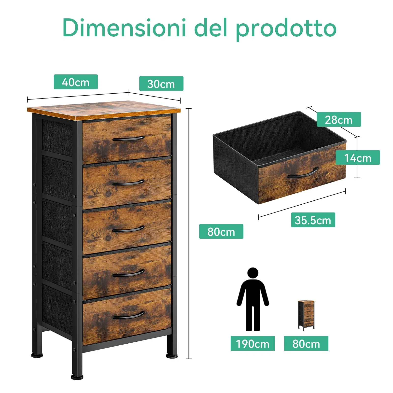 Coleshome Alta Cassettiera Camera da Letto con 5 Cassetti in Tessuto, 30 x 40 x 80 cm, Vintage - immagine 4