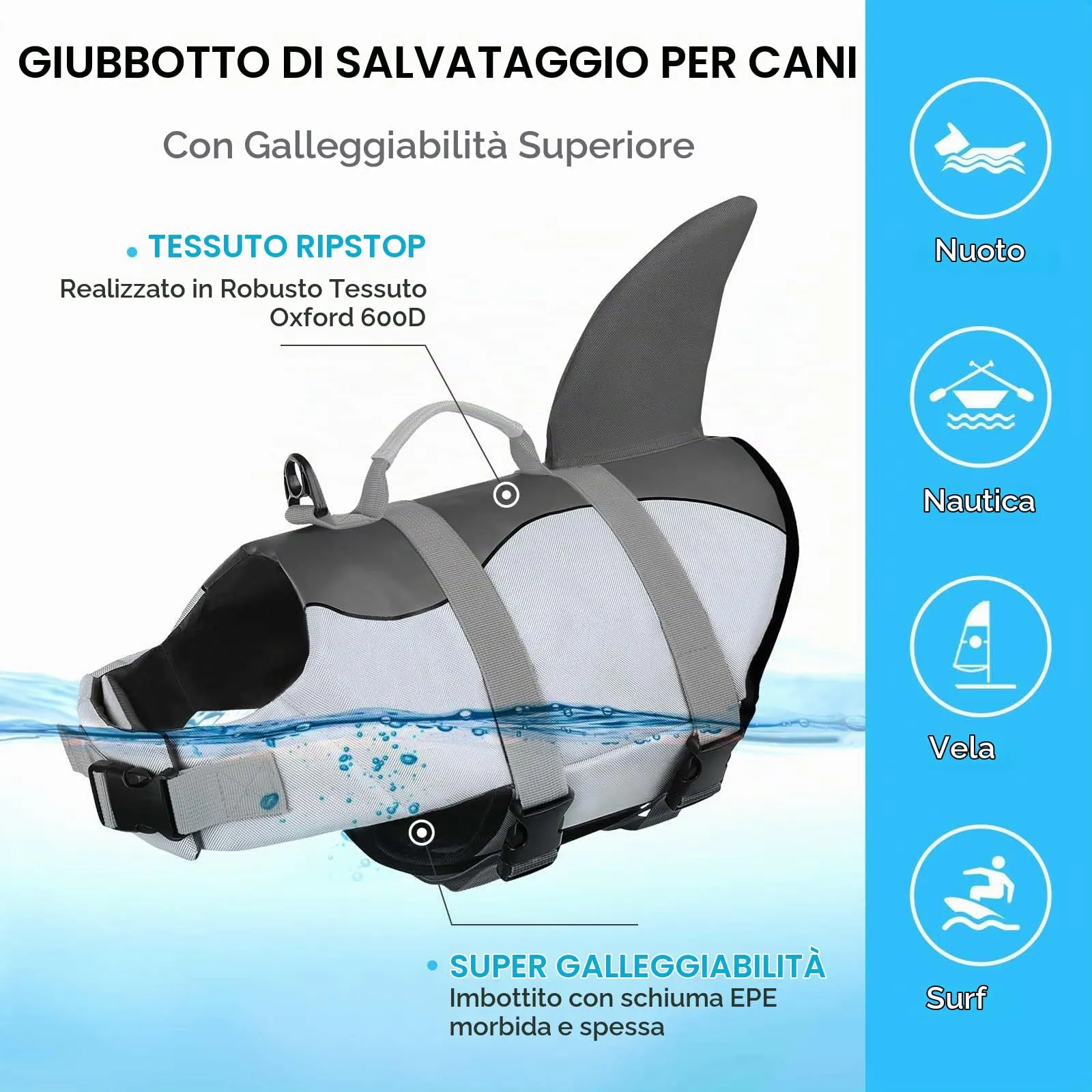 AOFITEE Giubbotto di Salvataggio per Cani con Pinna di Squalo, Taglia M, Grigio - immagine 6