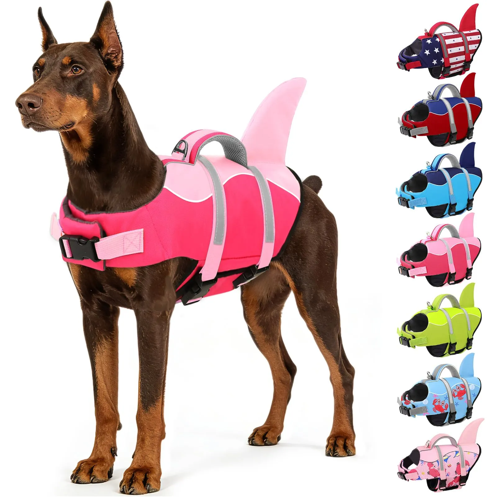 AOFITEE Giubbotto di Salvataggio per Cani a Forma di Squalo con Maniglia e Strisce Riflettenti, Rosa Scuro, XL - immagine 1