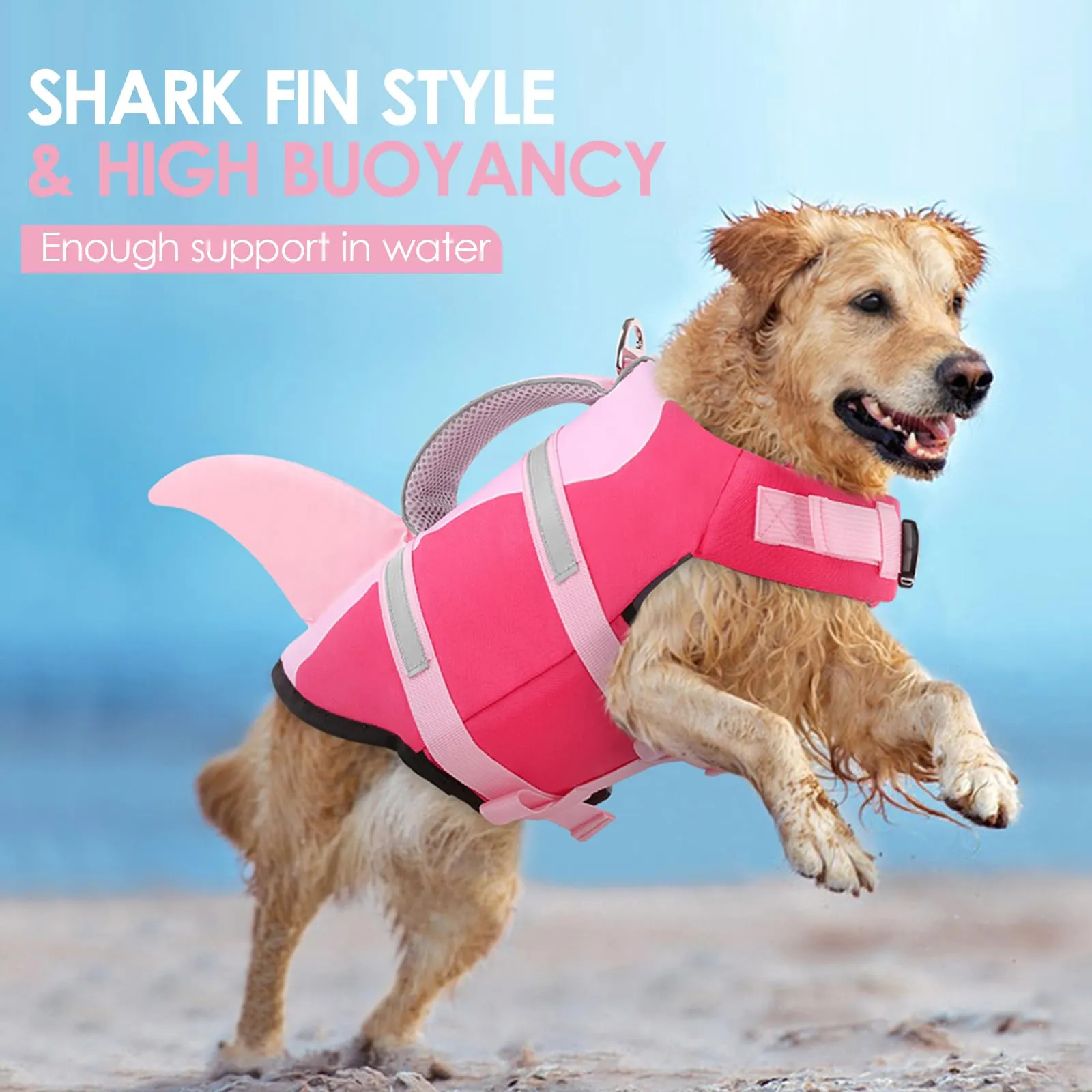 AOFITEE Giubbotto di Salvataggio per Cani a Forma di Squalo con Maniglia e Strisce Riflettenti, Rosa Scuro, XL - immagine 2