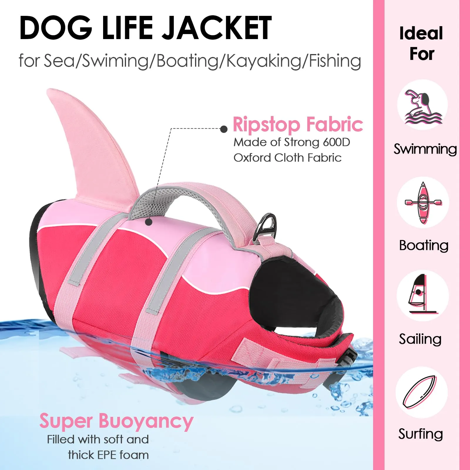 AOFITEE Giubbotto di Salvataggio per Cani a Forma di Squalo con Maniglia e Strisce Riflettenti, Rosa Scuro, XL - immagine 3