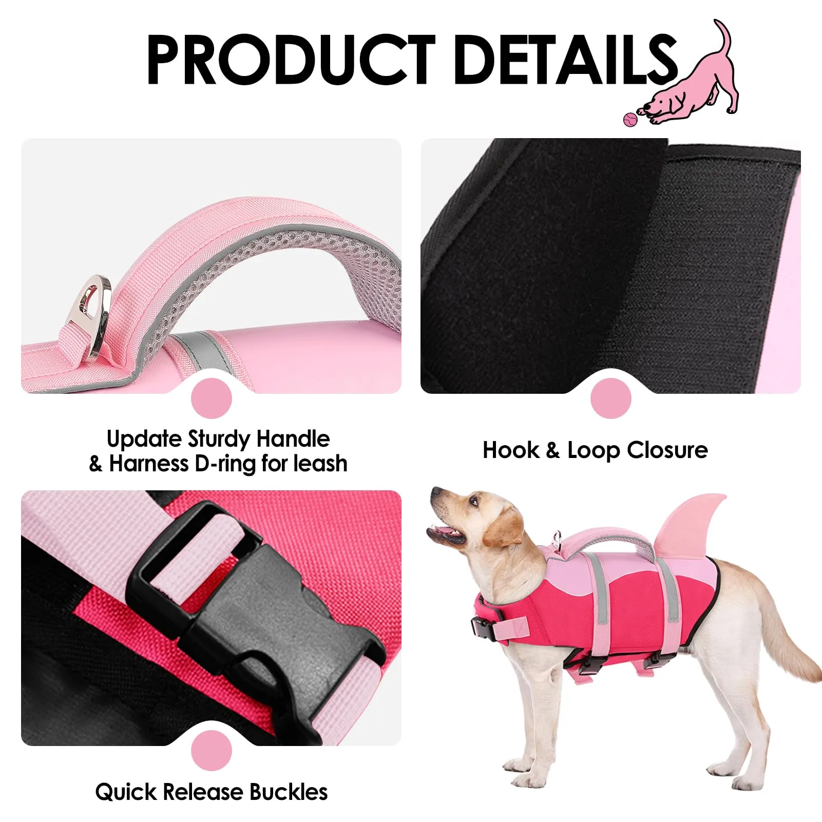 AOFITEE Giubbotto di Salvataggio per Cani a Forma di Squalo con Maniglia e Strisce Riflettenti, Rosa Scuro, XL - immagine 5