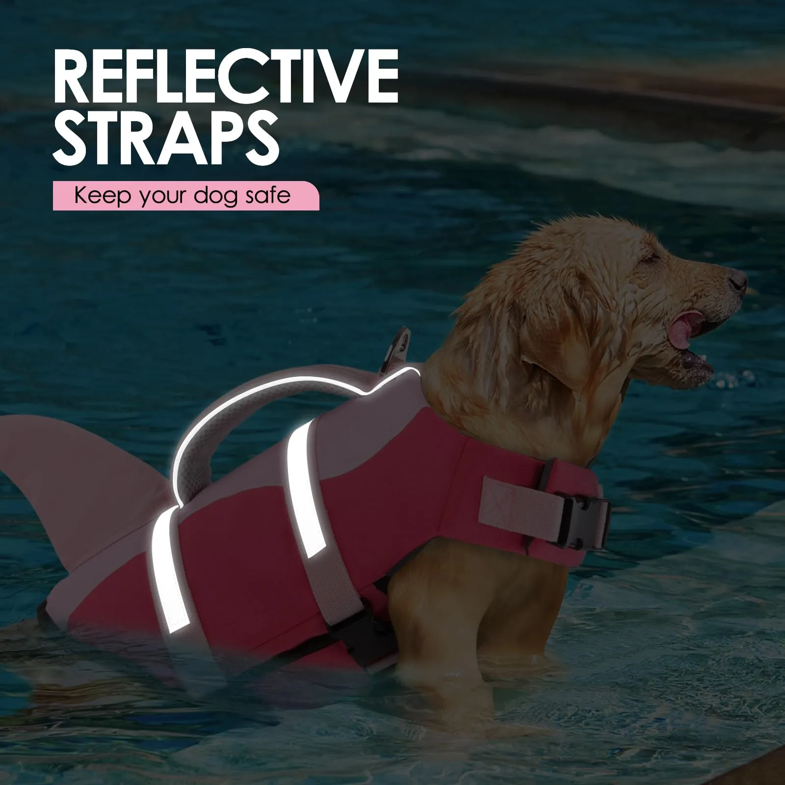 AOFITEE Giubbotto di Salvataggio per Cani a Forma di Squalo con Maniglia e Strisce Riflettenti, Rosa Scuro, XL - immagine 6