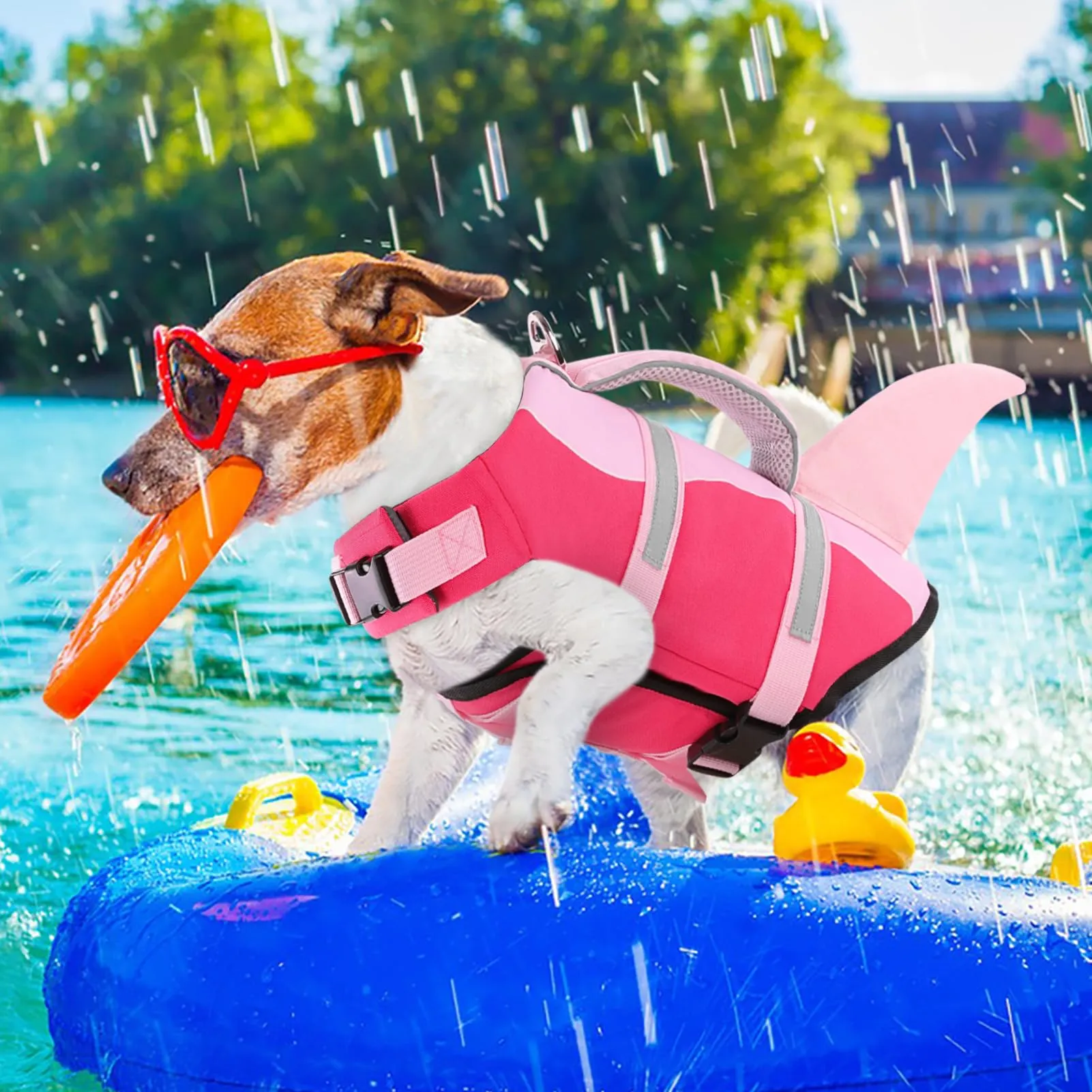 AOFITEE Giubbotto di Salvataggio per Cani a Forma di Squalo con Maniglia e Strisce Riflettenti, Rosa Scuro, XL - immagine 7