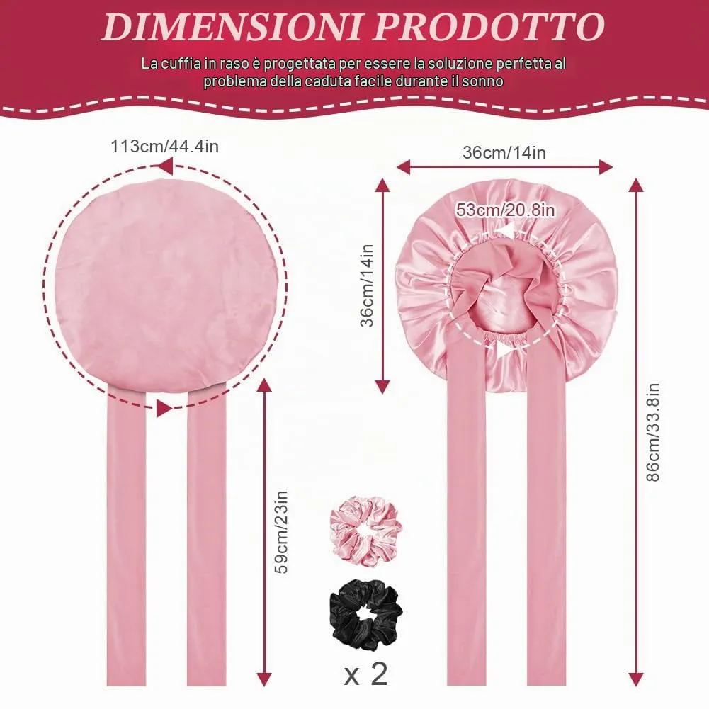 ACWOO Cuffia in Seta per Capelli Notte, Berretto in Raso Elastico con Nastri Regolabili, Rosa Caldo - immagine 2