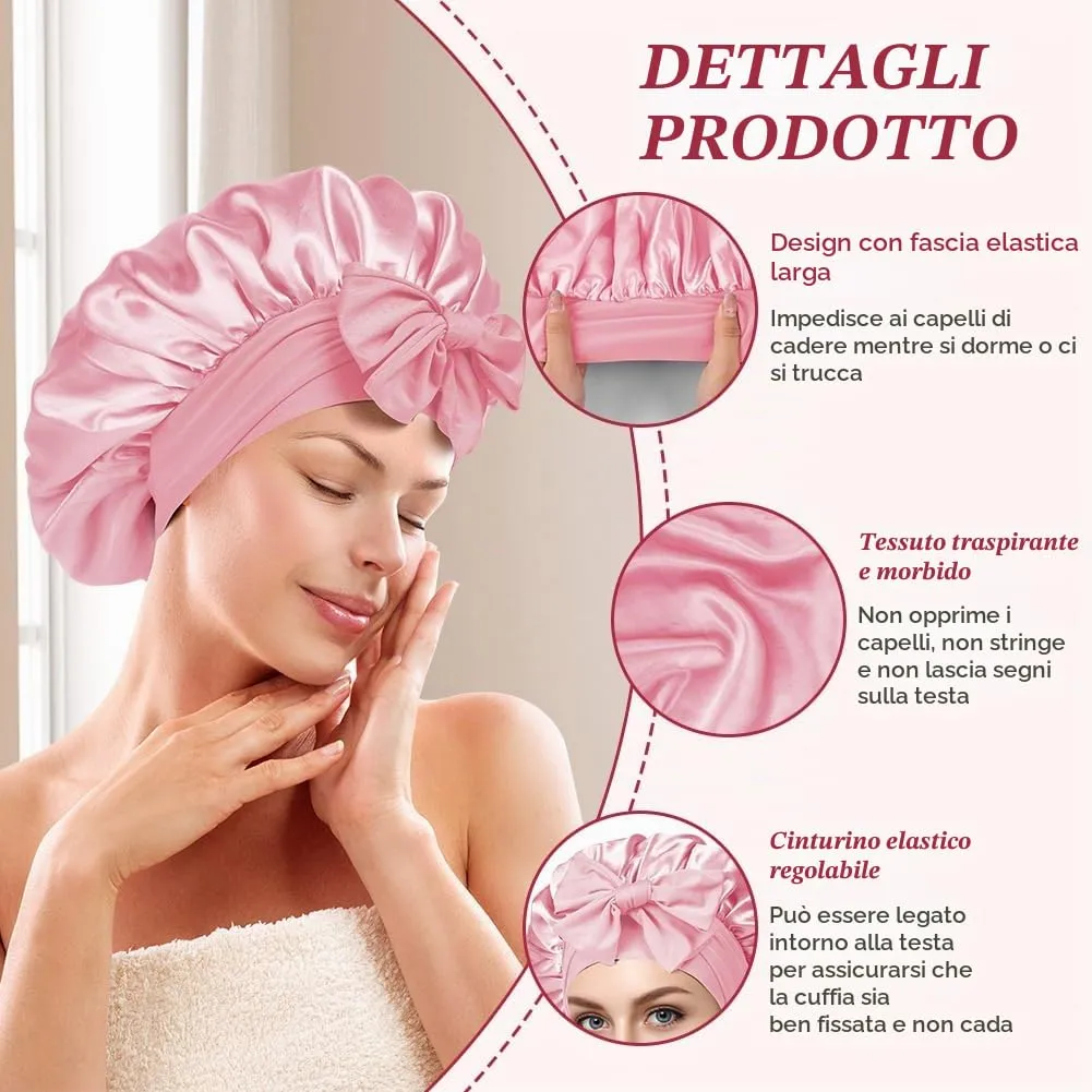 ACWOO Cuffia in Seta per Capelli Notte, Berretto in Raso Elastico con Nastri Regolabili, Rosa Caldo - immagine 3