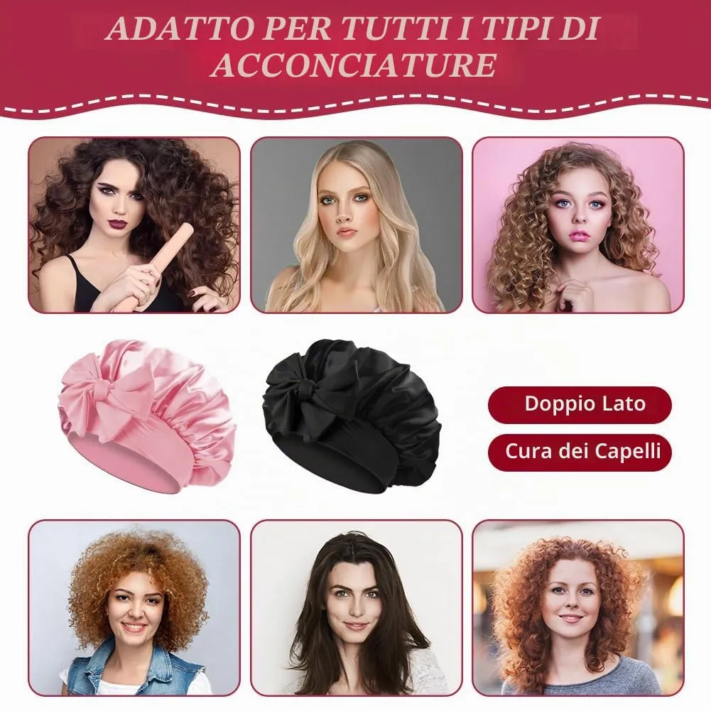 ACWOO Cuffia in Seta per Capelli Notte, Berretto in Raso Elastico con Nastri Regolabili, Rosa Caldo - immagine 5