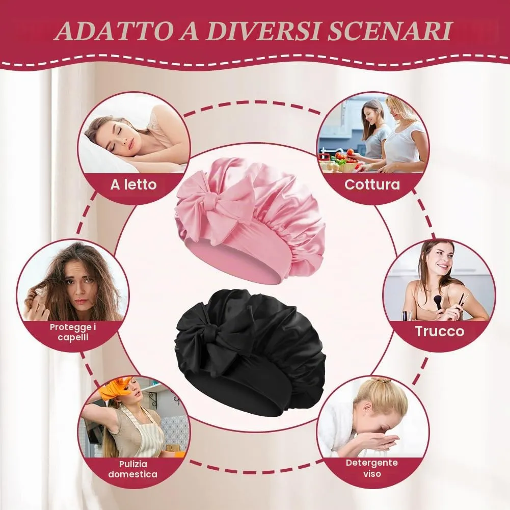 ACWOO Cuffia in Seta per Capelli Notte, Berretto in Raso Elastico con Nastri Regolabili, Rosa Caldo - immagine 6