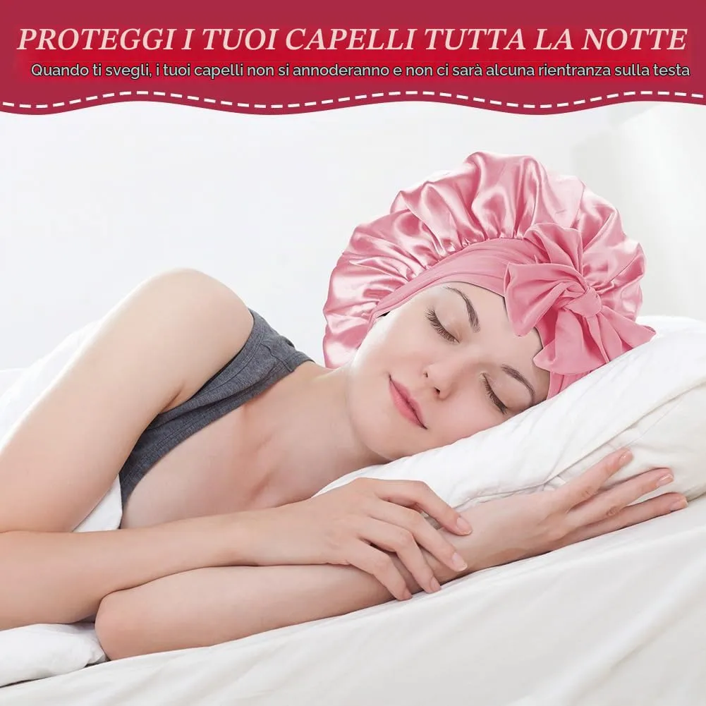 ACWOO Cuffia in Seta per Capelli Notte, Berretto in Raso Elastico con Nastri Regolabili, Rosa Caldo - immagine 7