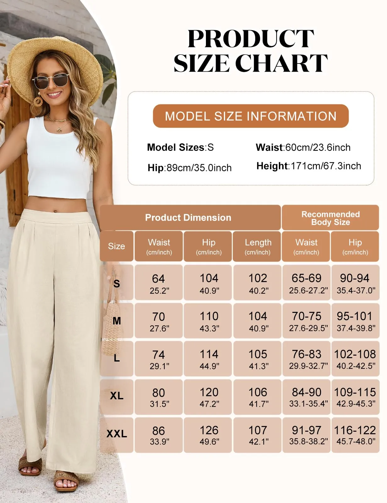 PASUDA Pantaloni Donna Estivi in Cotone Larghi con Vita Elastica e Tasche (Albicocca, XL) - immagine 4