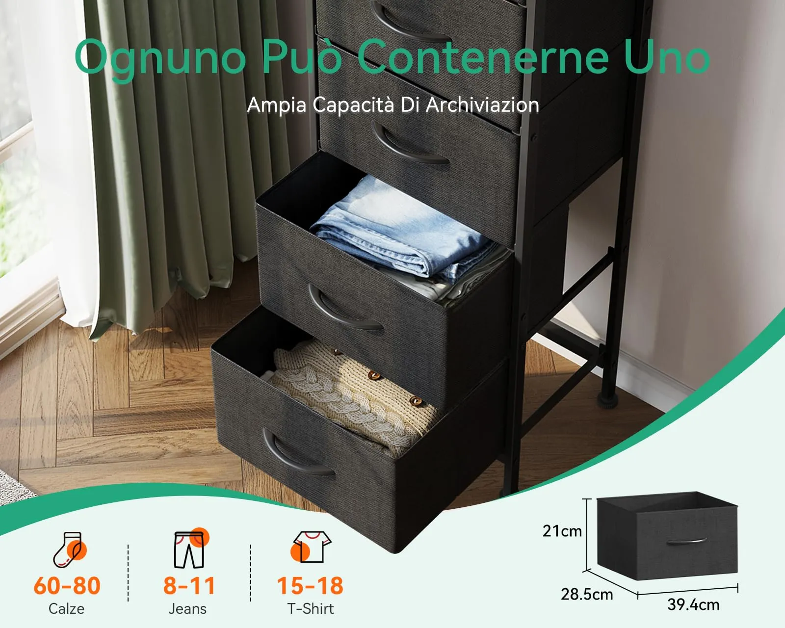 Coleshome Cassettiera Camera da Letto Alta con 5 Cassetti in Tessuto, Nero, 30 x 40 x 120 cm - immagine 2