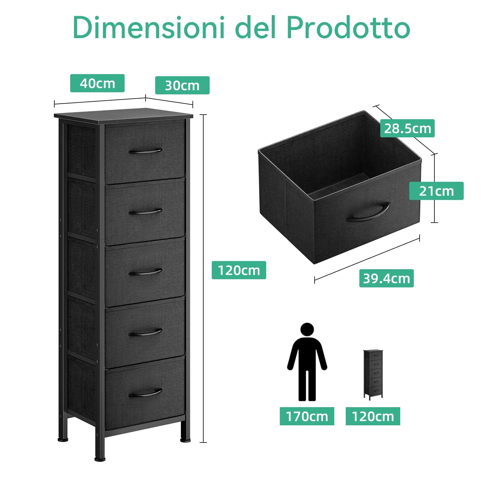 Coleshome Cassettiera Camera da Letto Alta con 5 Cassetti in Tessuto, Nero, 30 x 40 x 120 cm - immagine 3