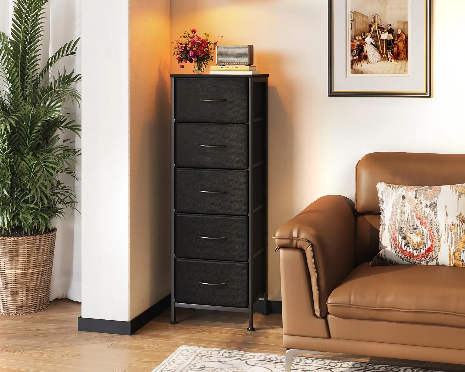 Coleshome Cassettiera Camera da Letto Alta con 5 Cassetti in Tessuto, Nero, 30 x 40 x 120 cm - immagine 8