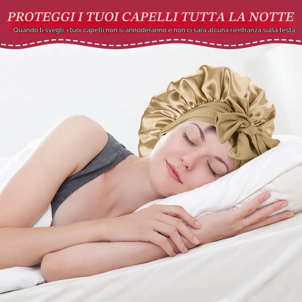 ACWOO Cuffia da Notte in Seta e Raso con Nastri Regolabili, Champagne - immagine 7
