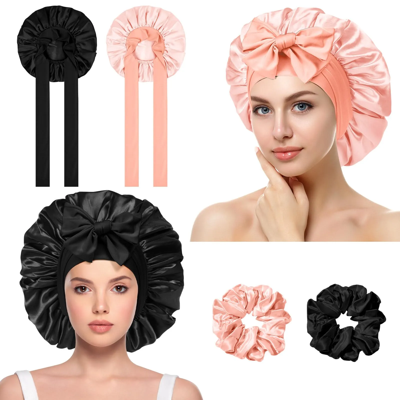 ACWOO Cuffia in Seta per Capelli Ricci, 2 Pezzi, Berretto da Notte in Raso Elastico con Nastri Regolabili - immagine 1