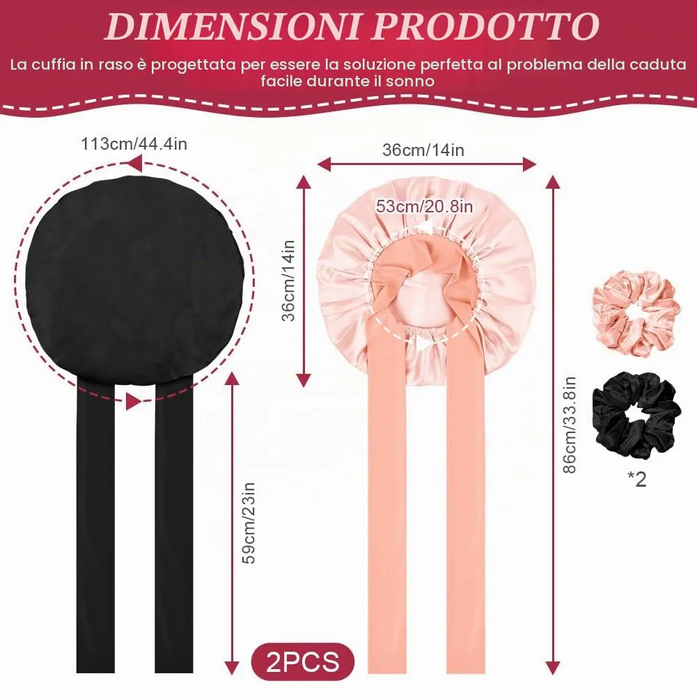 ACWOO Cuffia in Seta per Capelli Ricci, 2 Pezzi, Berretto da Notte in Raso Elastico con Nastri Regolabili - immagine 2