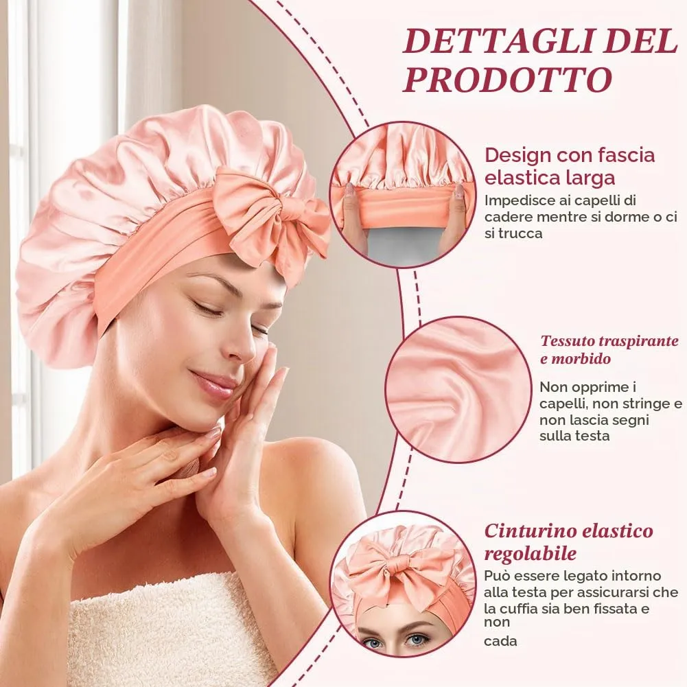 ACWOO Cuffia in Seta per Capelli Ricci, 2 Pezzi, Berretto da Notte in Raso Elastico con Nastri Regolabili - immagine 3