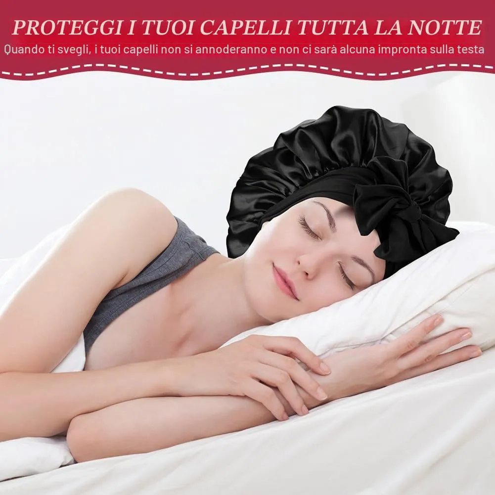 ACWOO Cuffia in Seta per Capelli Ricci, 2 Pezzi, Berretto da Notte in Raso Elastico con Nastri Regolabili - immagine 7