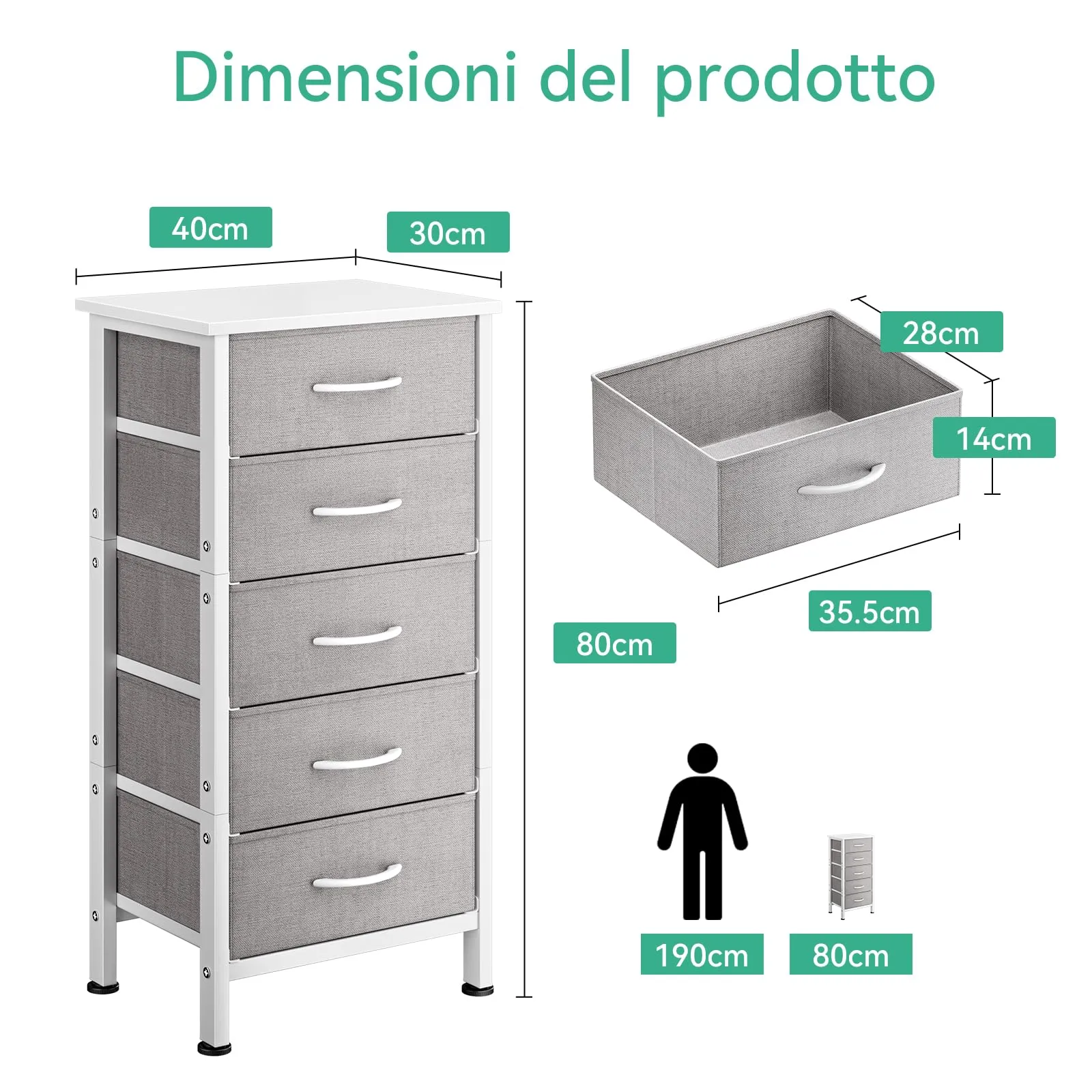 Coleshome Cassettiera Camera da Letto Alta con 5 Cassetti in Tessuto, Grigio Chiaro - immagine 3