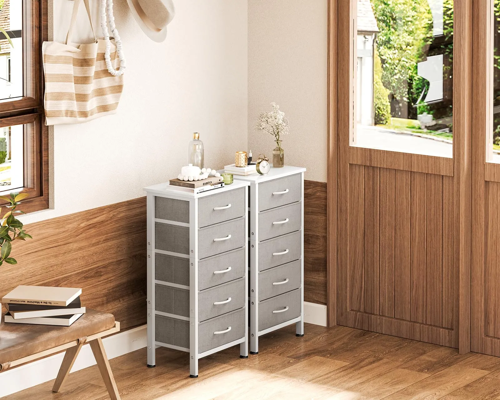 Coleshome Cassettiera Camera da Letto Alta con 5 Cassetti in Tessuto, Grigio Chiaro - immagine 5