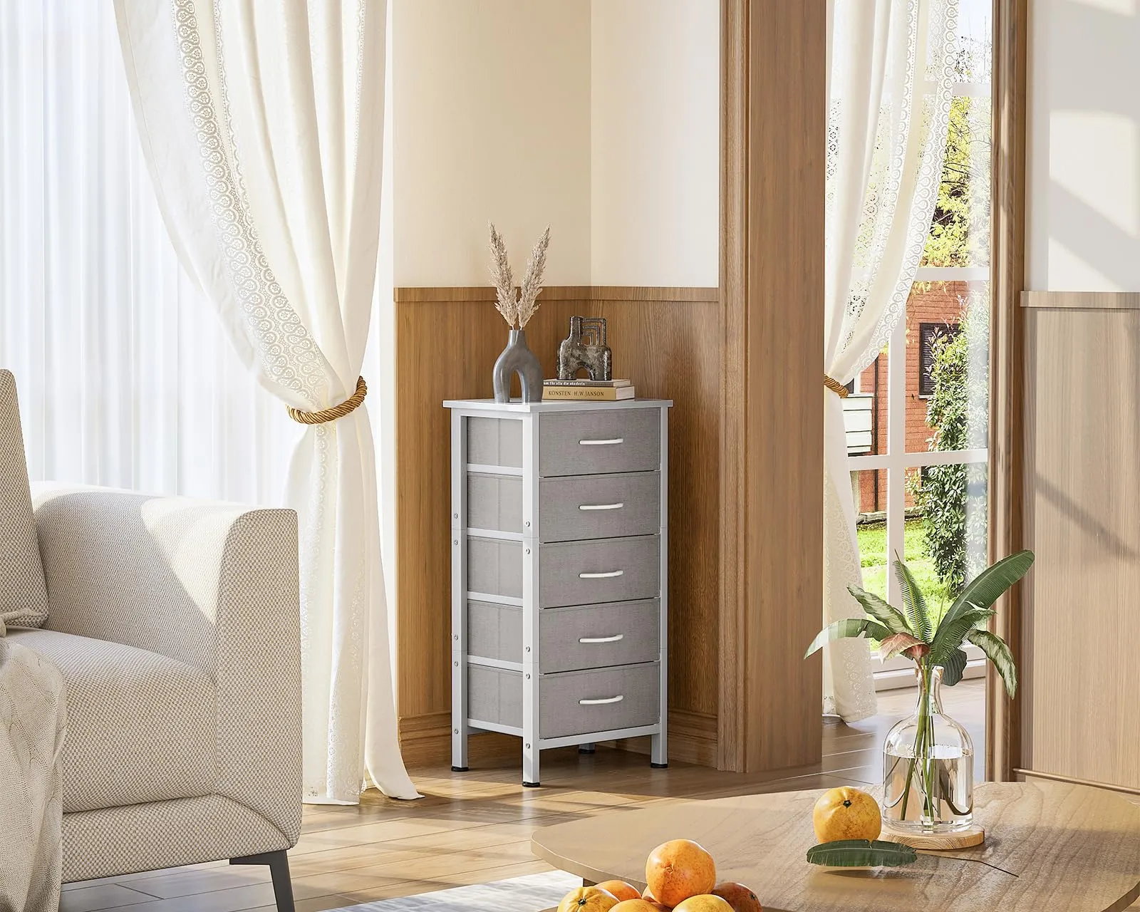 Coleshome Cassettiera Camera da Letto Alta con 5 Cassetti in Tessuto, Grigio Chiaro - immagine 6