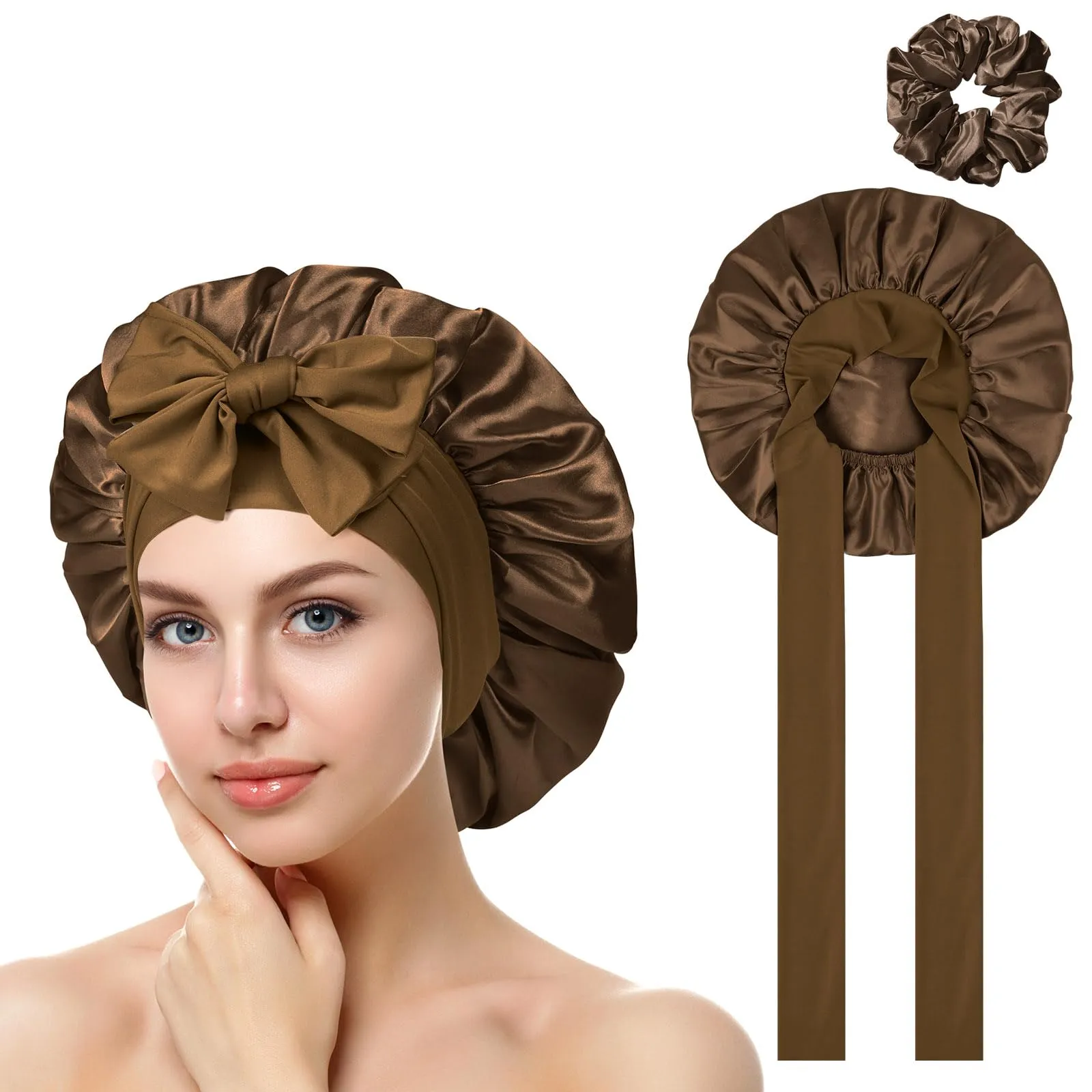 ACWOO Cuffia in Seta per Capelli Notte con Nastri Regolabili, Cioccolato - immagine 1