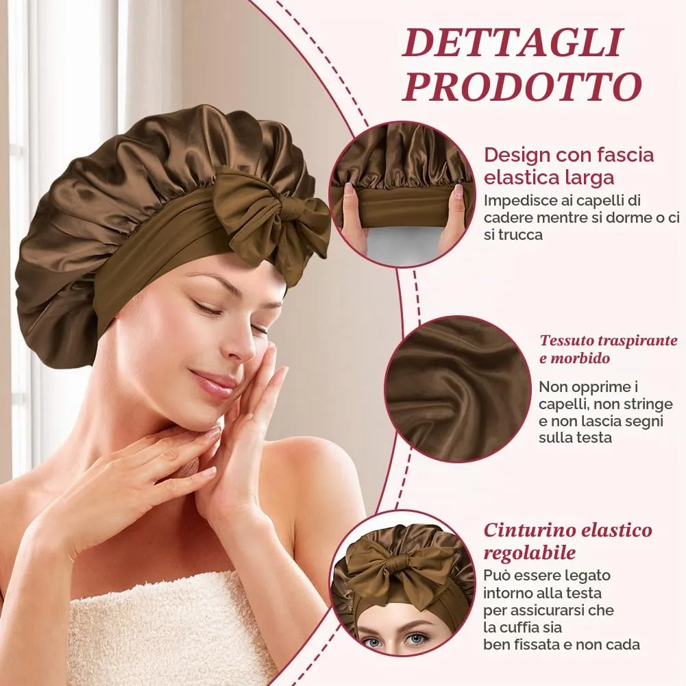 ACWOO Cuffia in Seta per Capelli Notte con Nastri Regolabili, Cioccolato - immagine 3