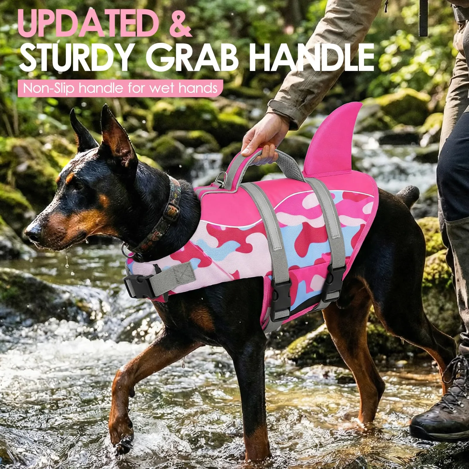 AOFITEE Giubbotto Salvagente per Cani con Pinna di Squalo, Taglia XL, Mimetica rosa - immagine 2