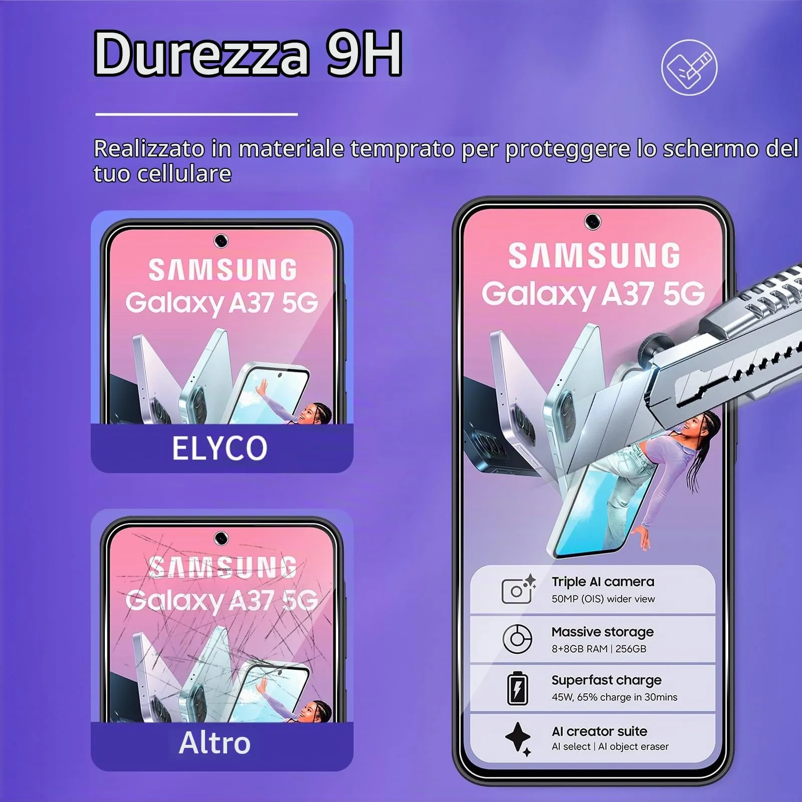 ELYCO Vetro Temperato per Samsung Galaxy A37 5G, 3+2 Pezzi - immagine 3
