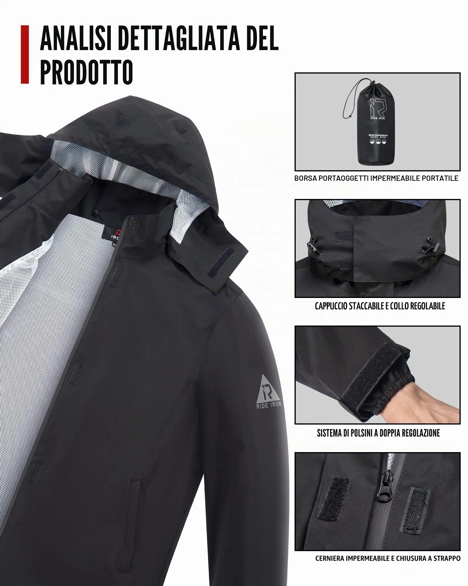 RIDEIRON Tuta Antipioggia da Moto 2 Pezzi, 15.000 mm, Doppia Chiusura, Nero, 3XL - immagine 4