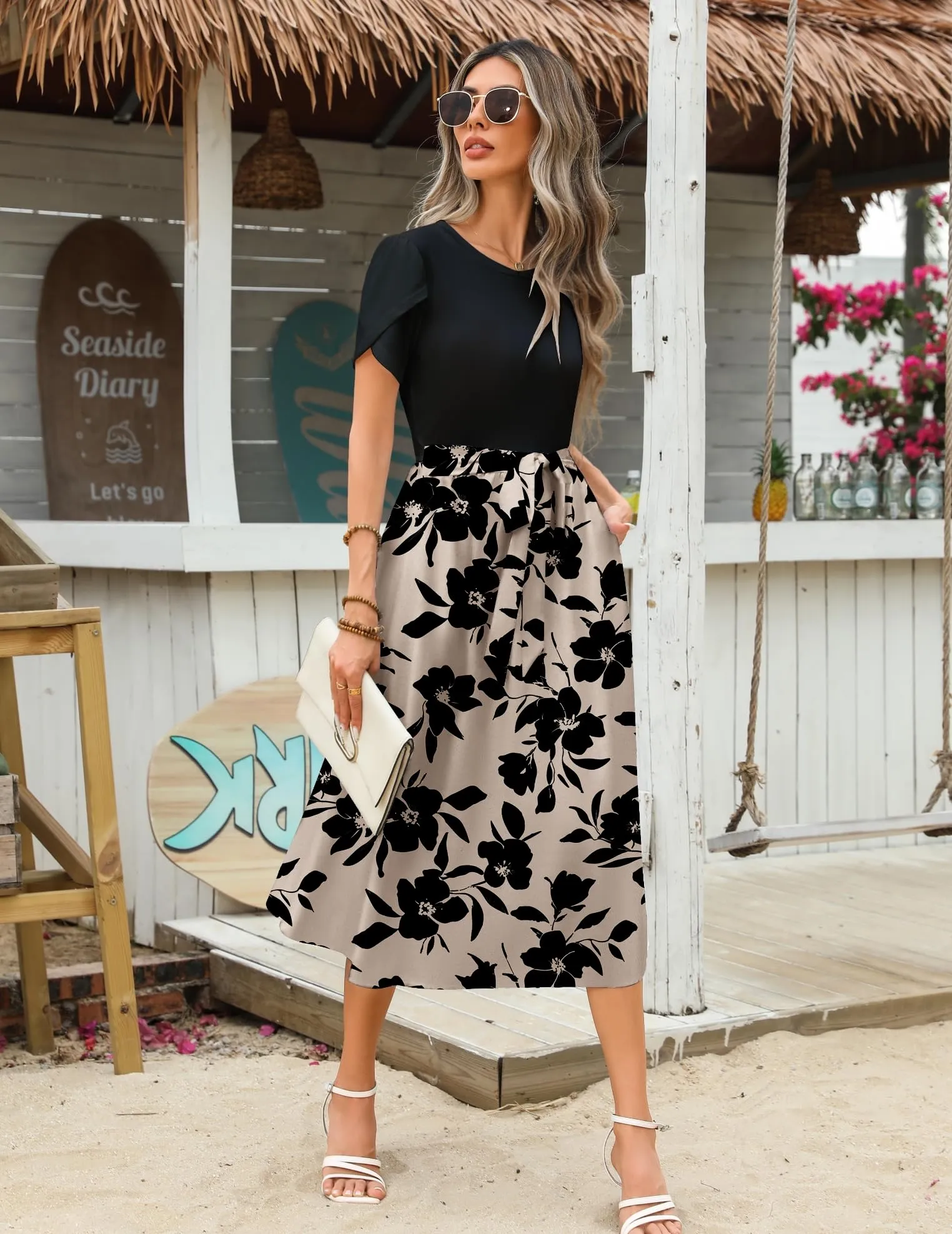 Zeagoo Abito Casual da Donna a Linea A Manica Corta Scollo Rotondo Midi - immagine 3