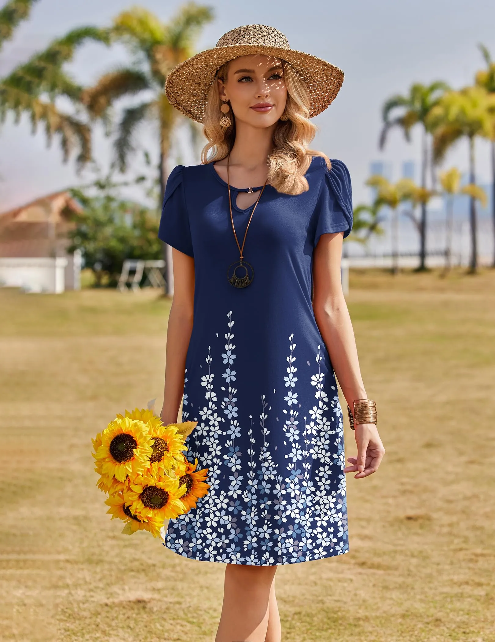 Zeagoo Abito Estivo Donna Linea ad A con Tasche, Floreale Blu 1, XL - immagine 2