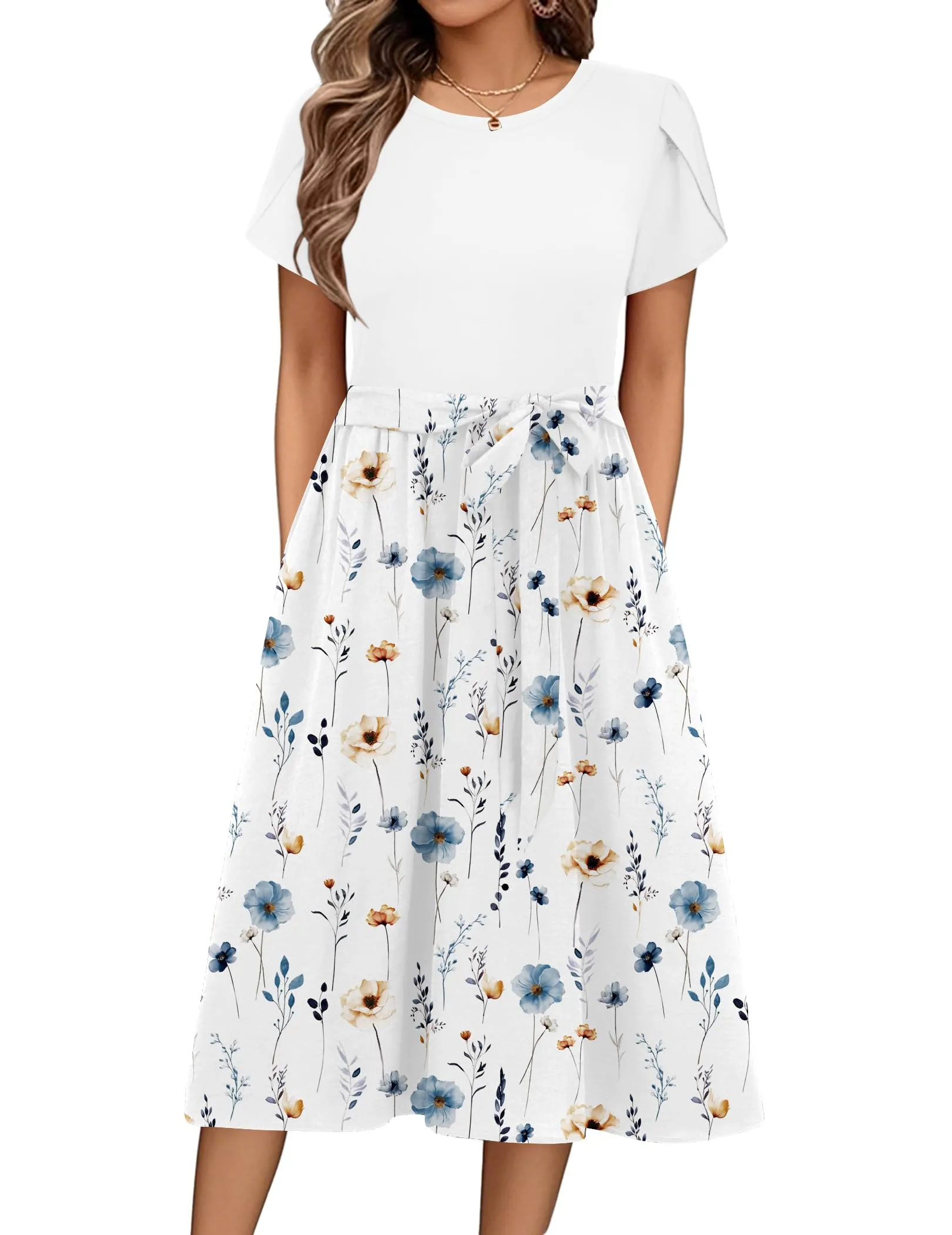 Zeagoo Abito Casual Donna Manica Corta A Line Scollo Rotondo Midi Floral N - immagine 1