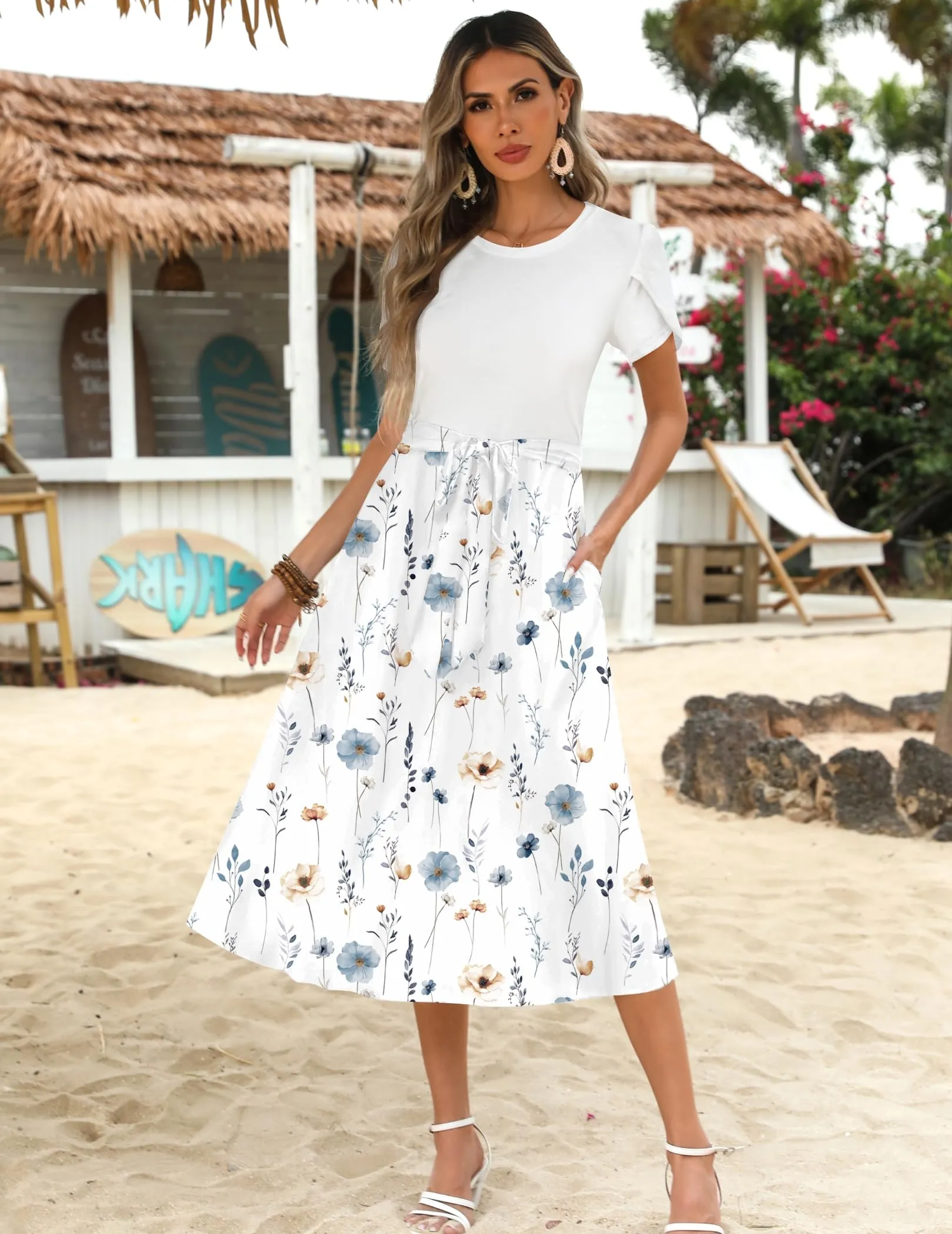 Zeagoo Abito Casual Donna Manica Corta A Line Scollo Rotondo Midi Floral N - immagine 2