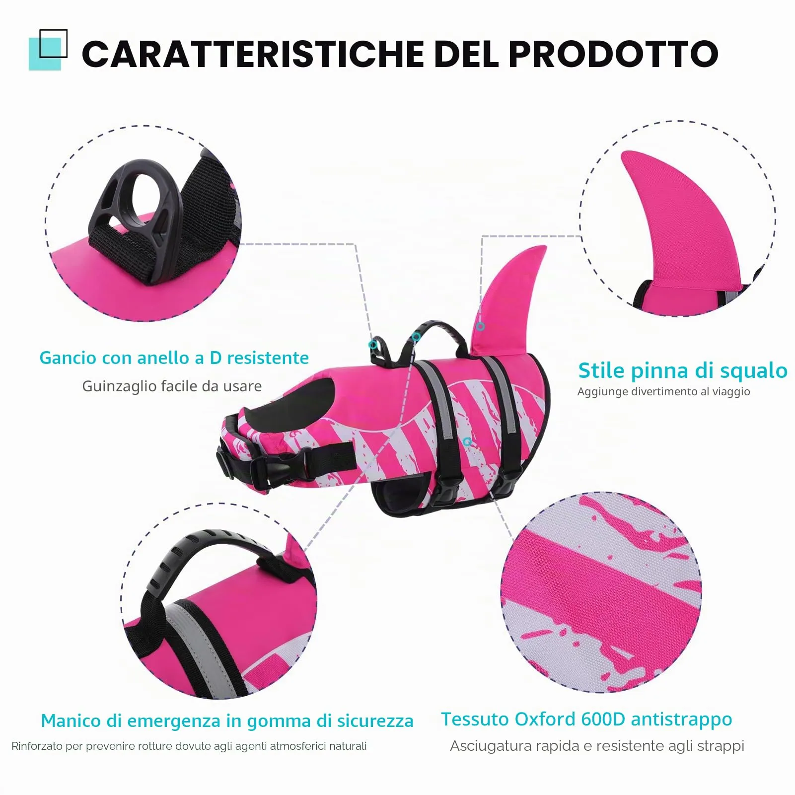 Queenmore Salvagente Cane Squalo, Giubbotto Salvataggio per Piscina e Mare, Pinkwhite, XL - immagine 4