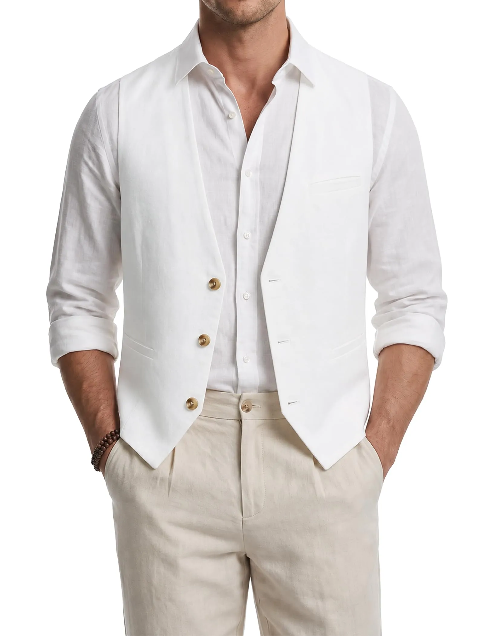 HISDERN Gilet da uomo in cotone e lino Bianco M - immagine 1