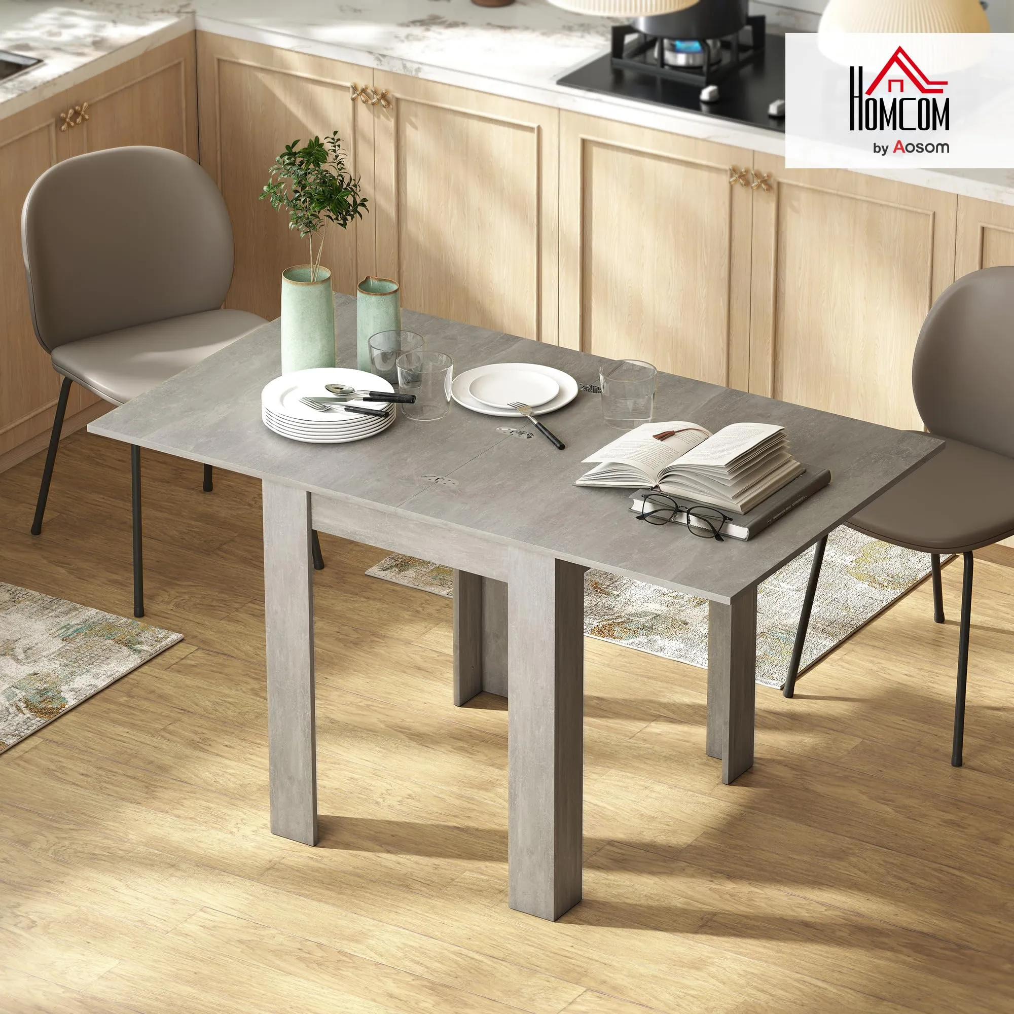 HOMCOM Tavolo da Pranzo Allungabile 70-140cm per 4-6 Persone, Grigio Effetto Legno - immagine 2