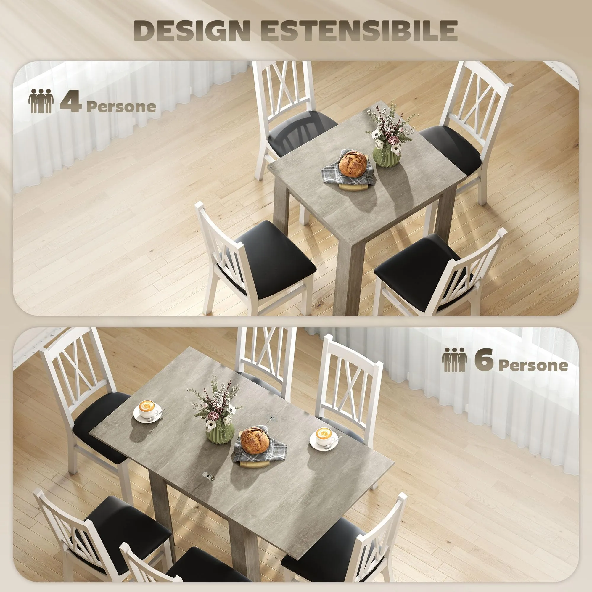 HOMCOM Tavolo da Pranzo Allungabile 70-140cm per 4-6 Persone, Grigio Effetto Legno - immagine 3