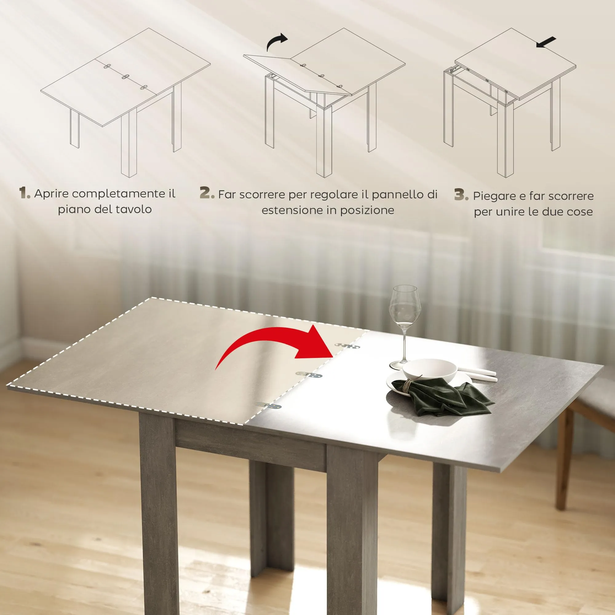 HOMCOM Tavolo da Pranzo Allungabile 70-140cm per 4-6 Persone, Grigio Effetto Legno - immagine 4